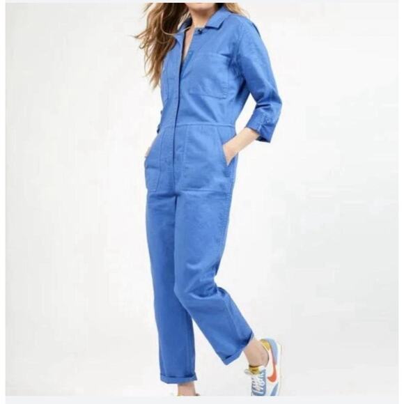 OUTERKNOWN Station Jumpsuit Womens Large Blue Long Sleeve One Piece Linen NEW - Picture 2 of 16